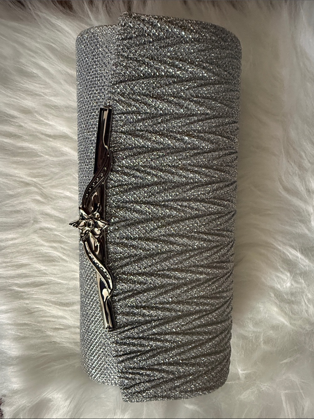 Silver Metallic Evening Clutch with Decorative Accent